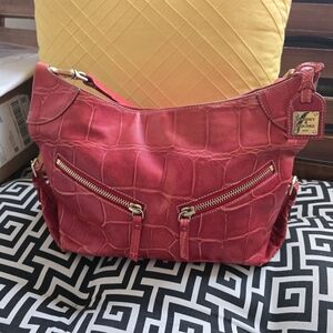 Dooney & Bourke Red Leather Croc-Embossed Hobo Bag